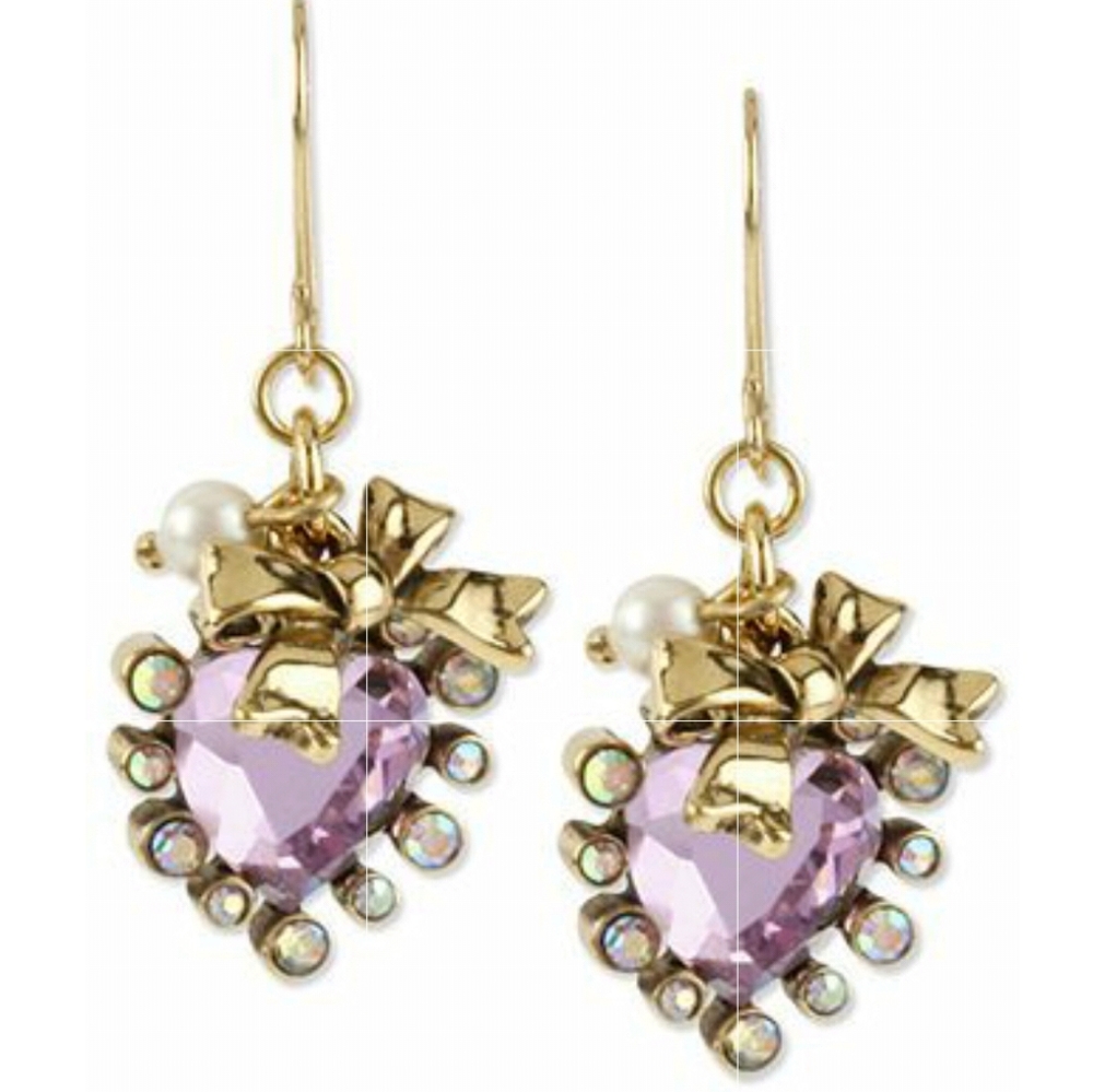 Betsey Johnson Gold Tone Pink Crystal Heart & Bow Pearl Bow Drop Earrings